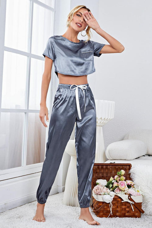 Satin Short Sleeve Crop Top and Joggers Lounge Set - Fashorio