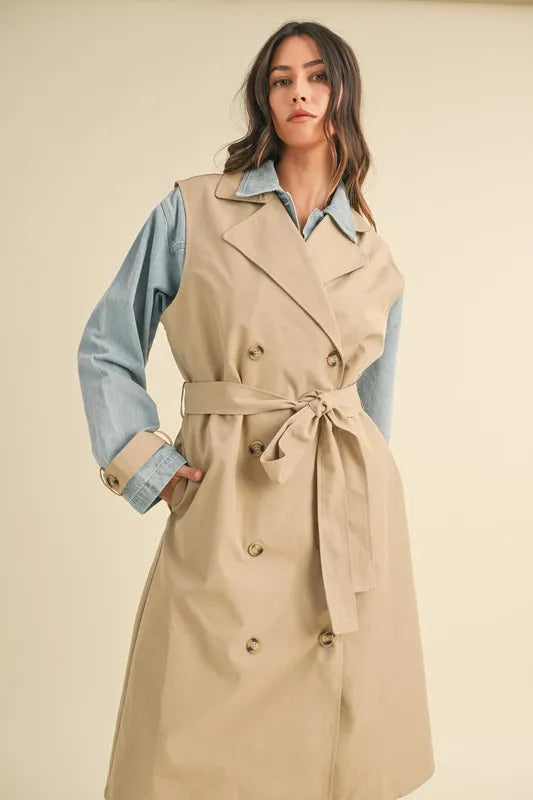 MABLE Layered Look Trench Coat With Denim Jacket Taupe - Fashorio