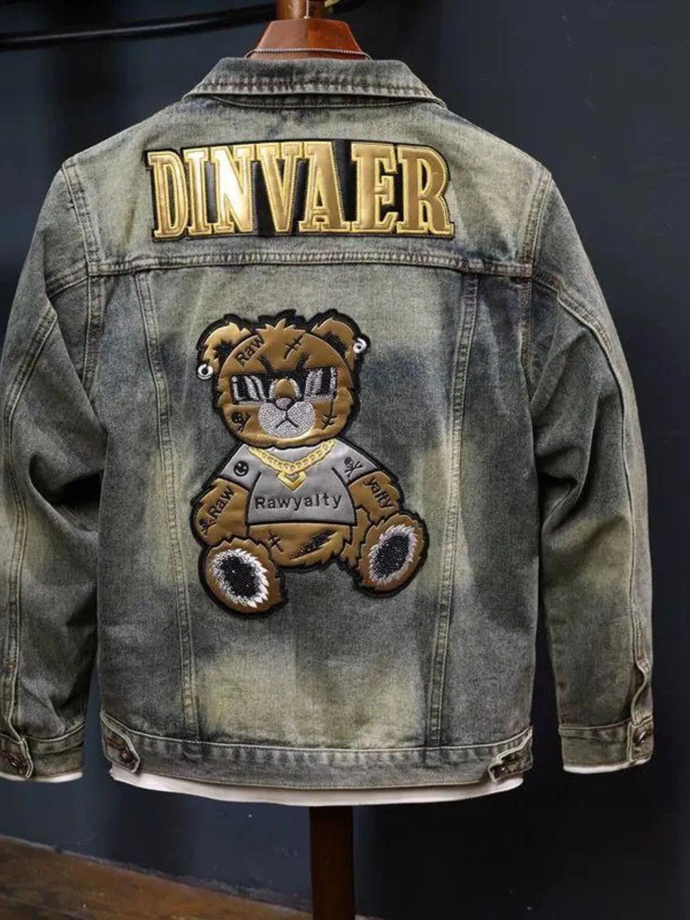 Men's Plus Size Washed Denim Jacket with Embroidered Patch - Fashorio
