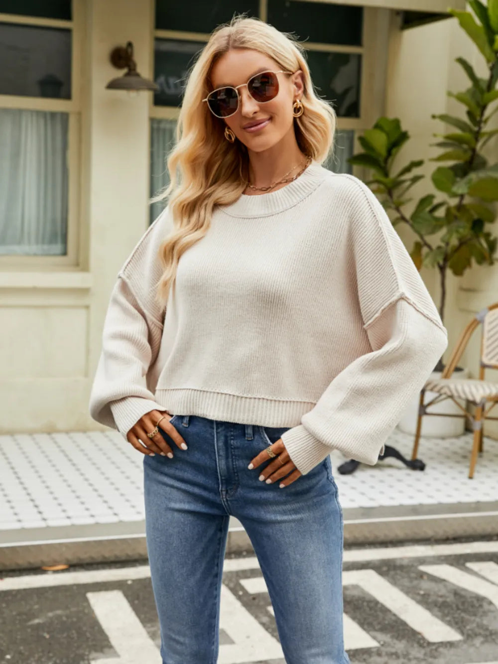 Round Neck Lantern Sleeve Sweater Cream - Fashorio