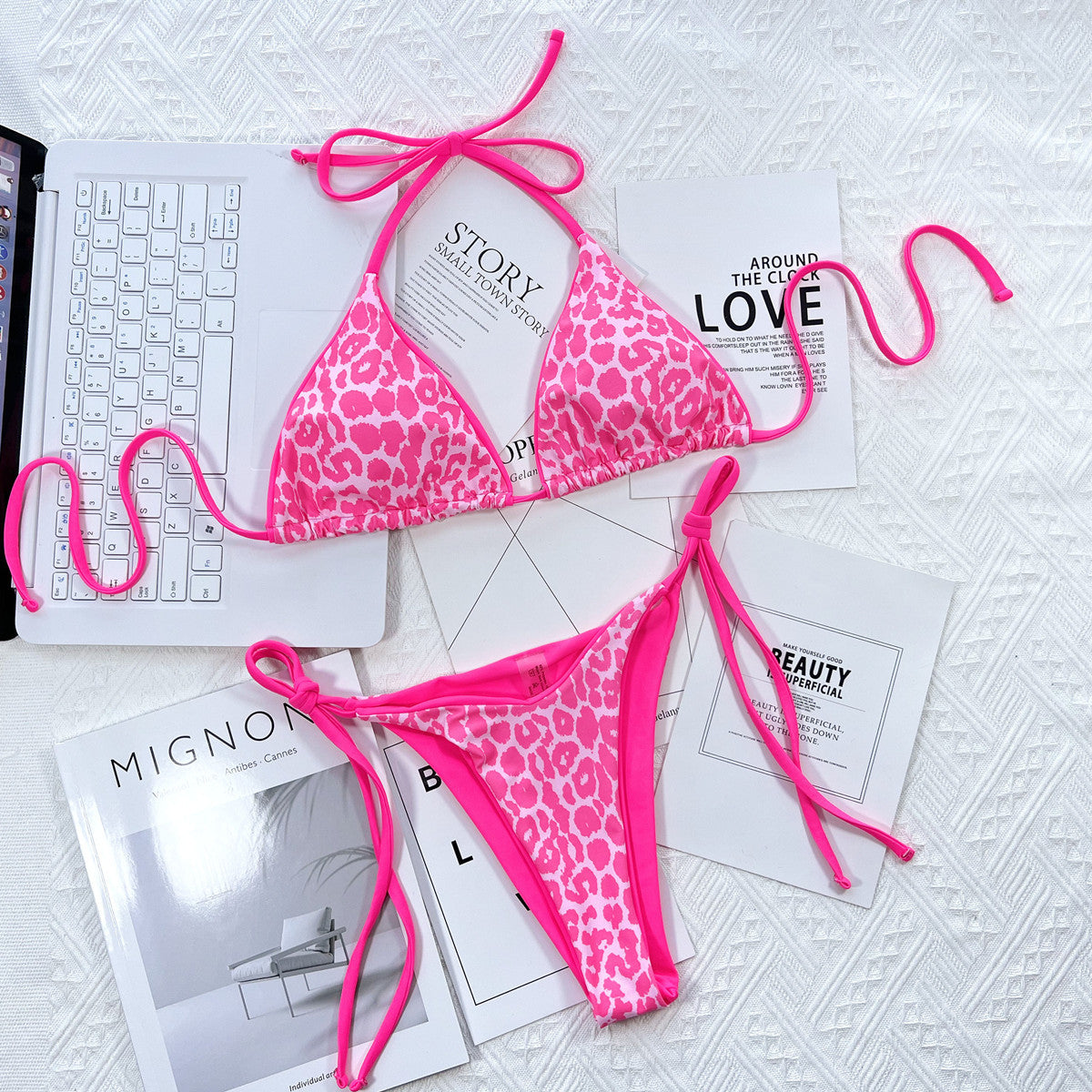 Leopard Print Halter Neck Bikini Set - Removable Padding - Fashorio