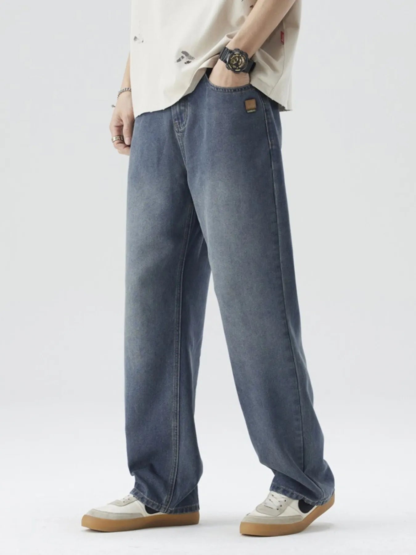 Men's Plus Size Wide Leg Wash Jeans Nostalgic Blue - Fashorio