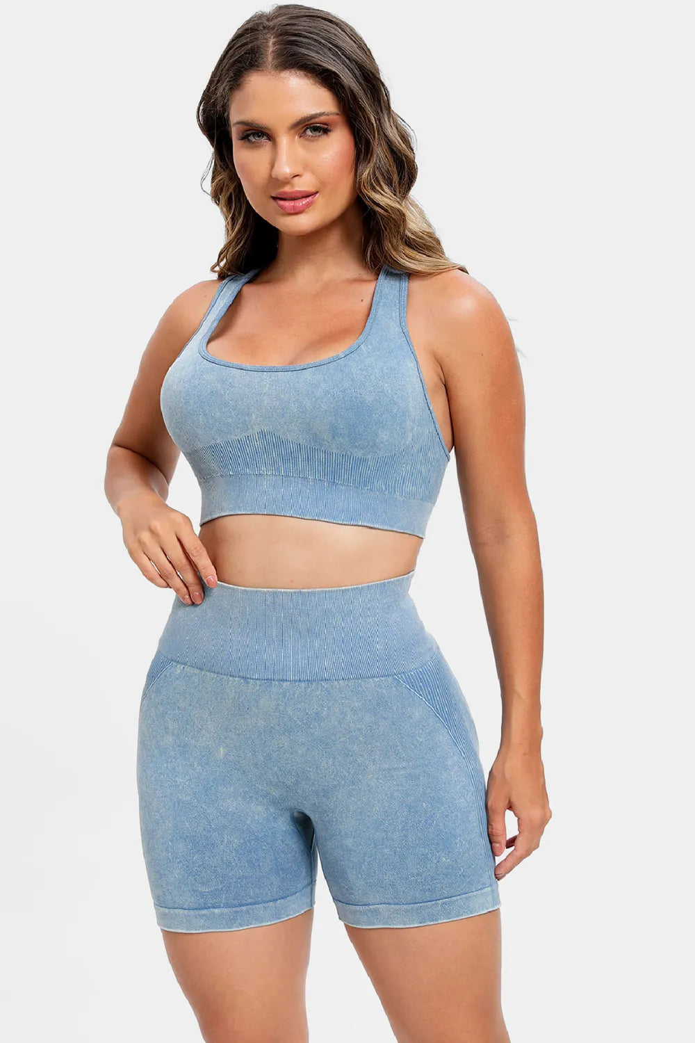 3 Piece Washed Square Neck Wide Strap Active Set - Fashorio