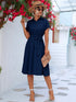 Buttoned Tie Waist Short Sleeve Dress Dark Blue - Fashorio