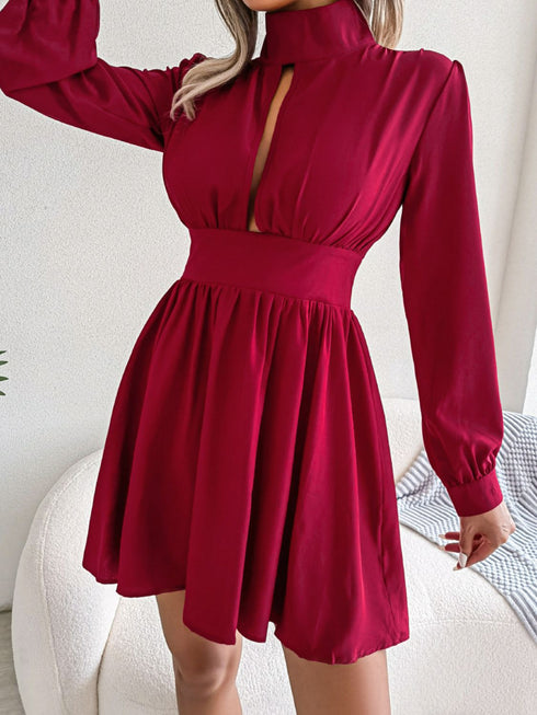 Cutout Turtleneck A-Line Mini Dress - Fashorio