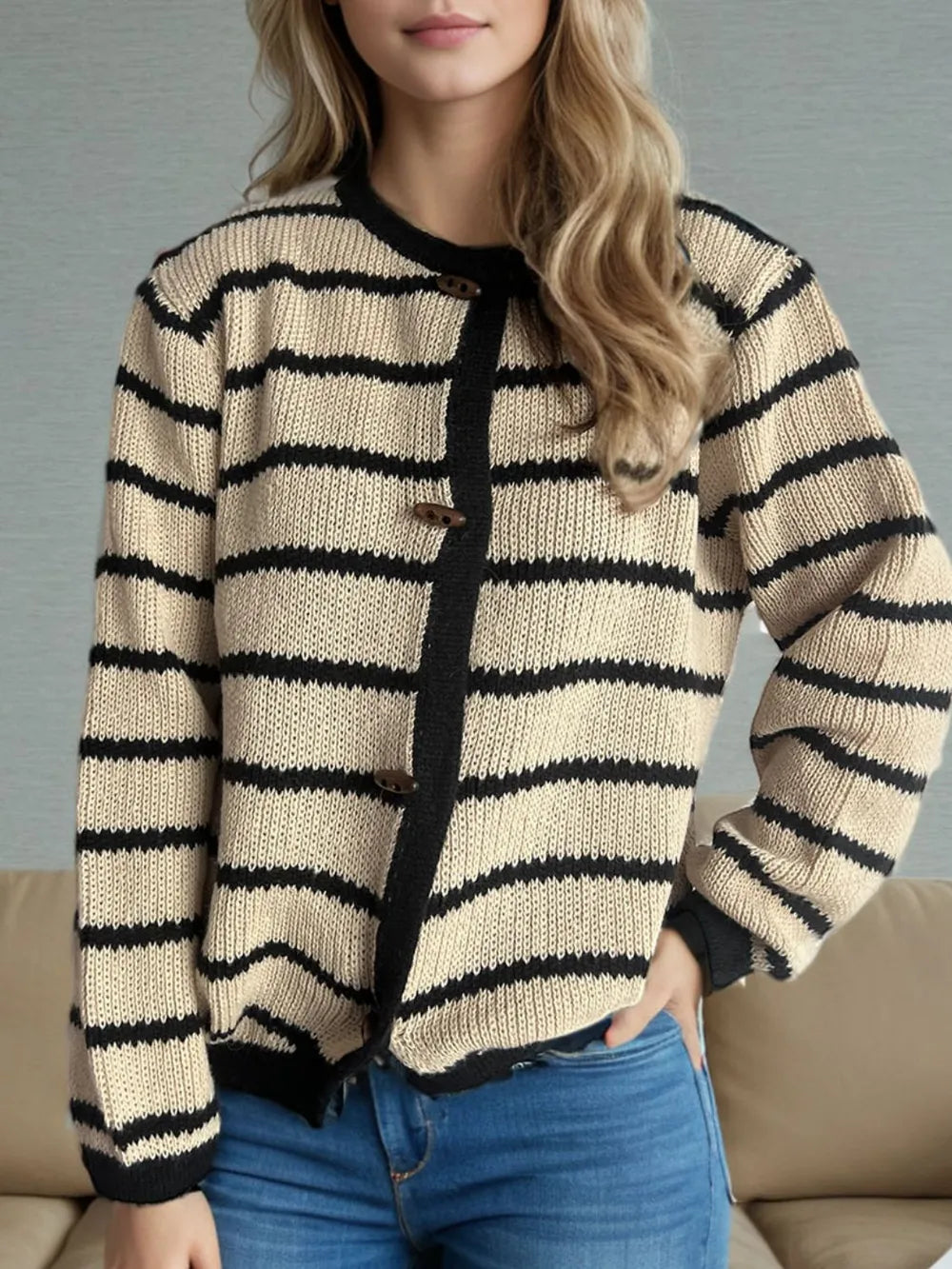 Striped Round Neck Long Sleeve Cardigan - Fashorio