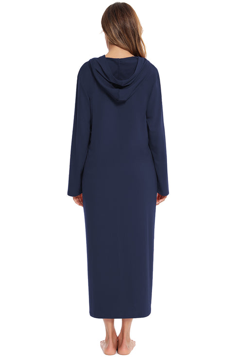 Zip Front Hooded Night Dress with Pockets - Fashorio
