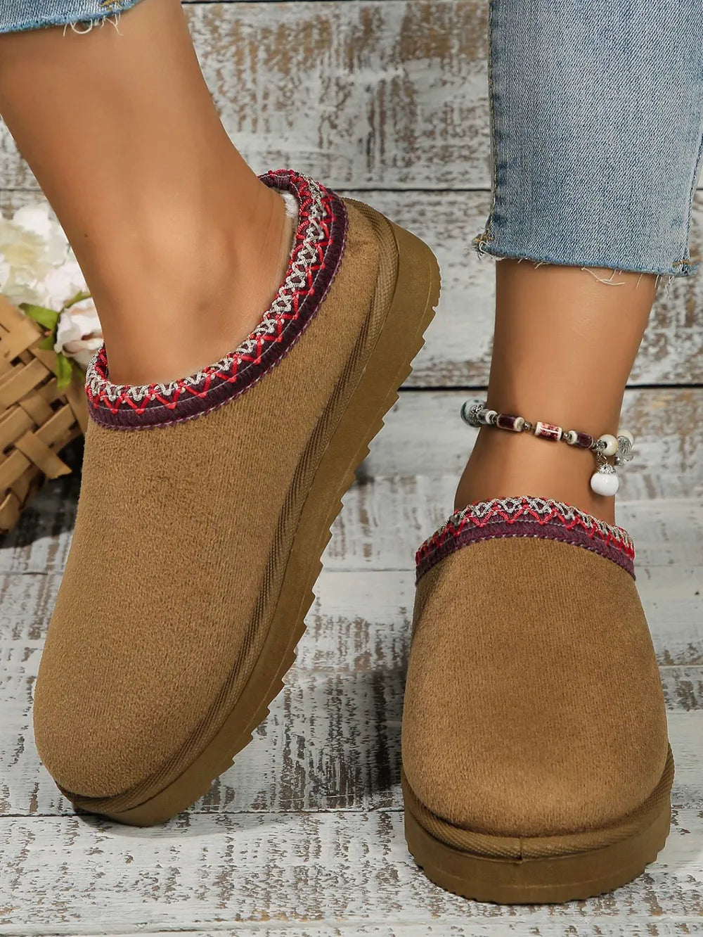 Round Toe Platform Slippers Caramel - Fashorio