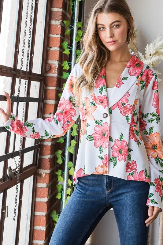 Heimish Full Size Multi Color Floral Blazers with Tunic Plus Size - Fashorio