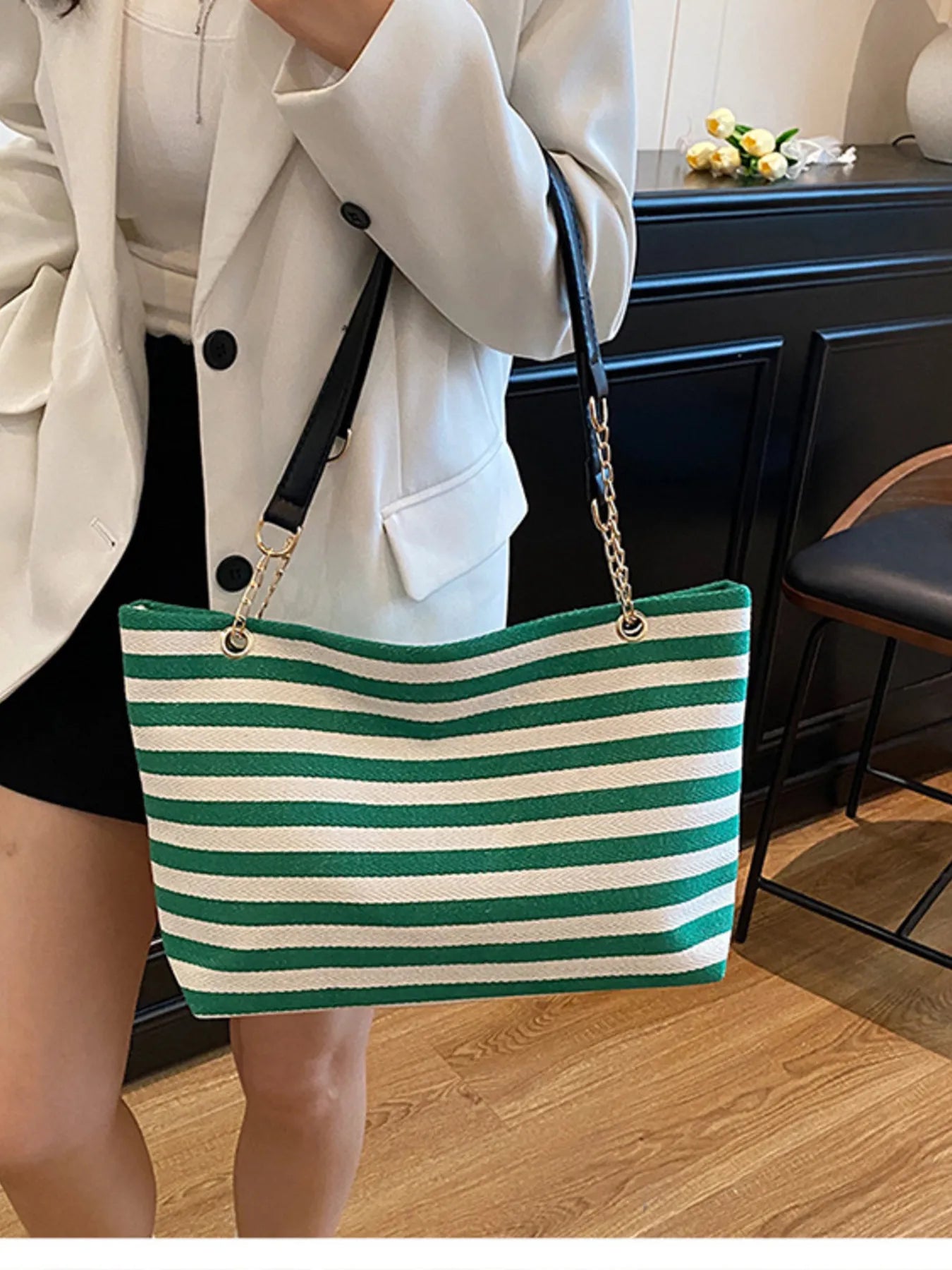 Striped Shoulder Bag with Chain Detail - Fashorio