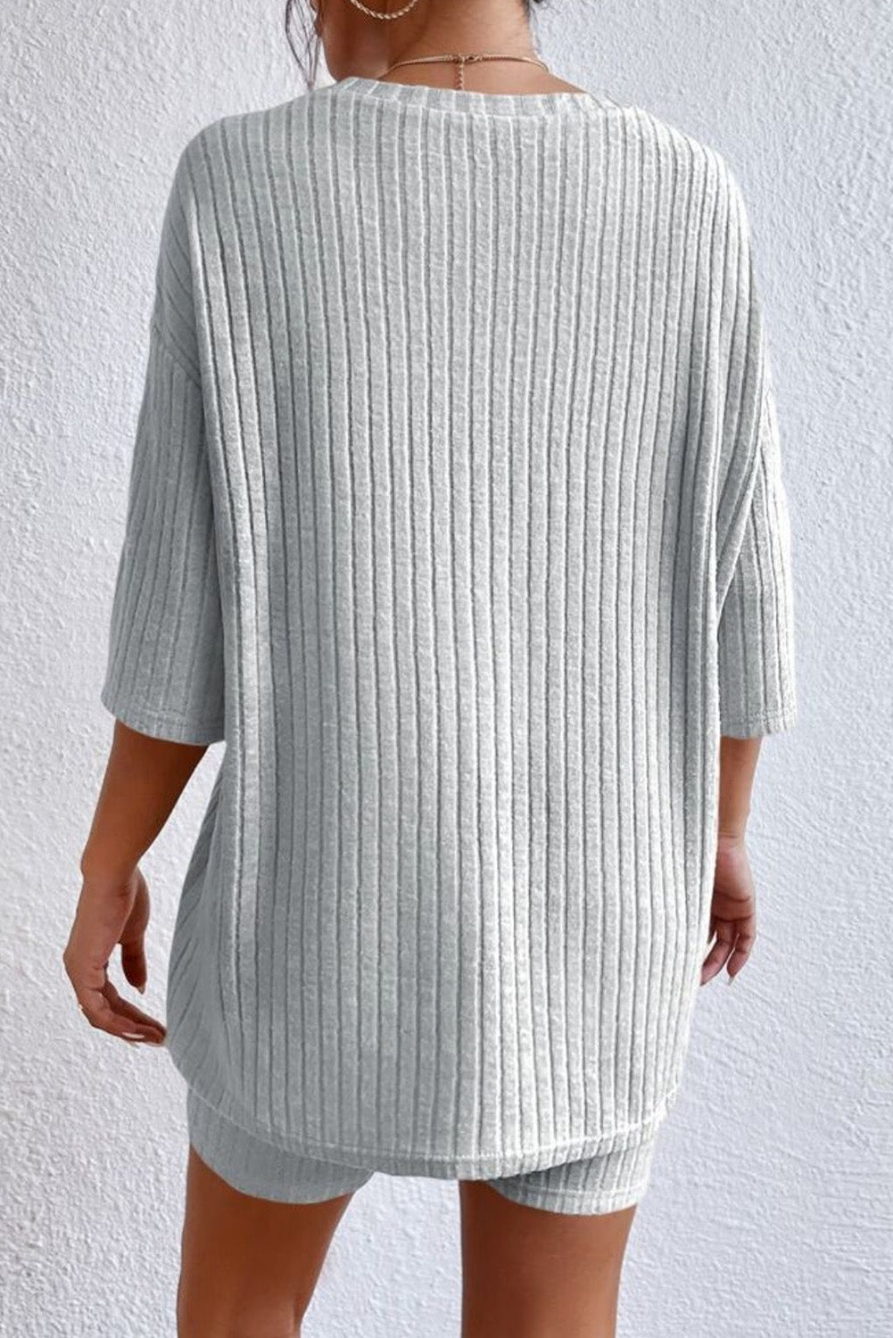 Round Neck Ribbed Top and Shorts Lounge Set - Fashorio