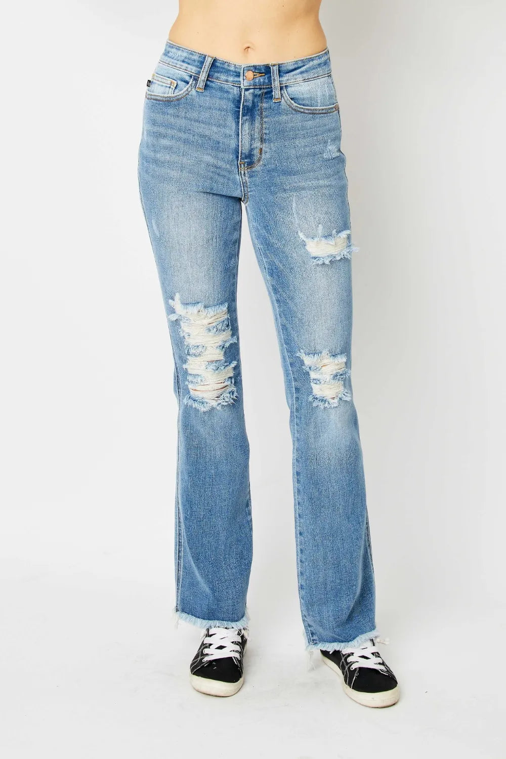 Judy Blue Distressed Raw Hem Bootcut Jeans – Full Size Denim - Fashorio