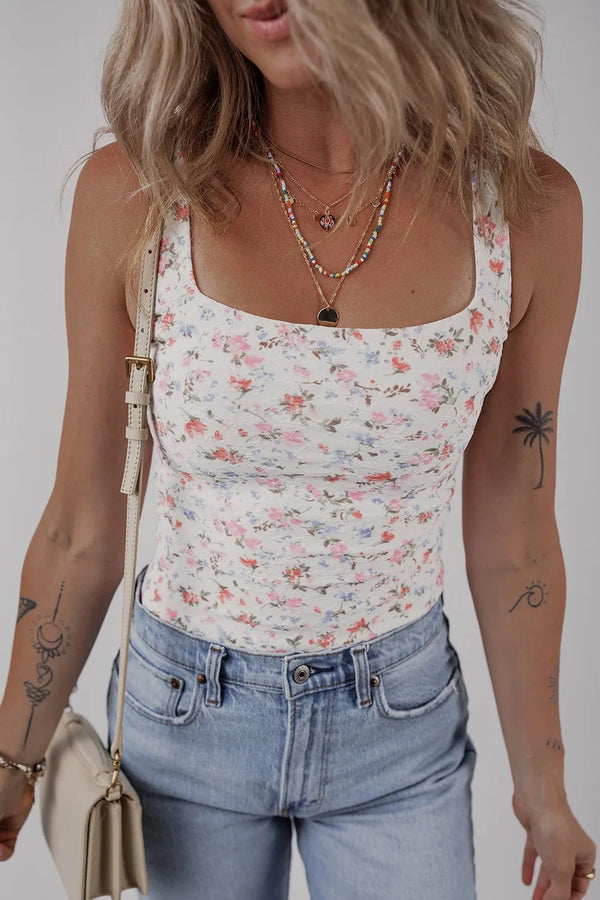 Floral Textured Square Neck Sleeveless Bodysuit Floral - Fashorio