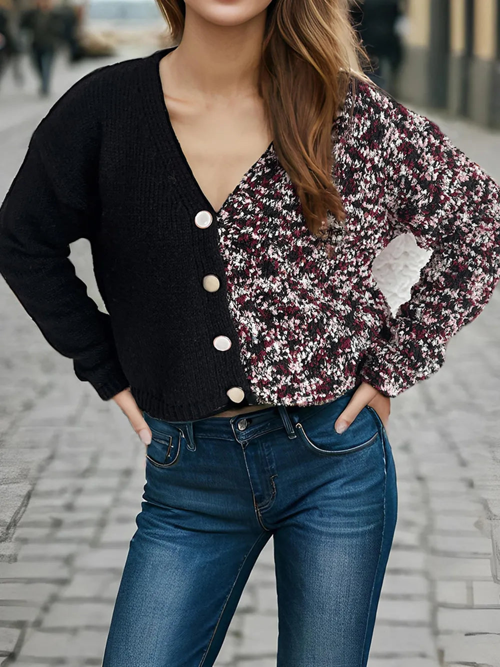 Contrast Button Up V-Neck Cropped Cardigan Black One Size - Fashorio