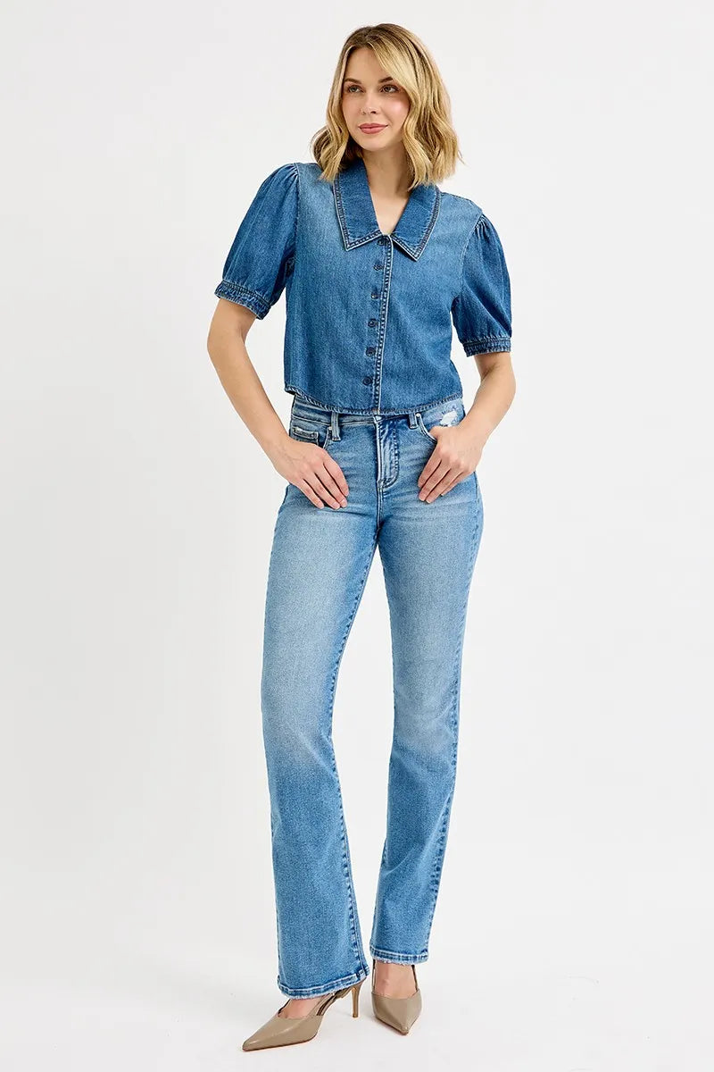 RISEN Button Down Puff Sleeve Crop Denim Shirt MEDIUM - Fashorio