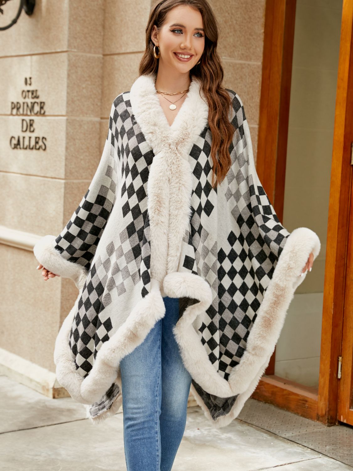 Checkered Faux Fur Trim Poncho Ivory One Size - Fashorio
