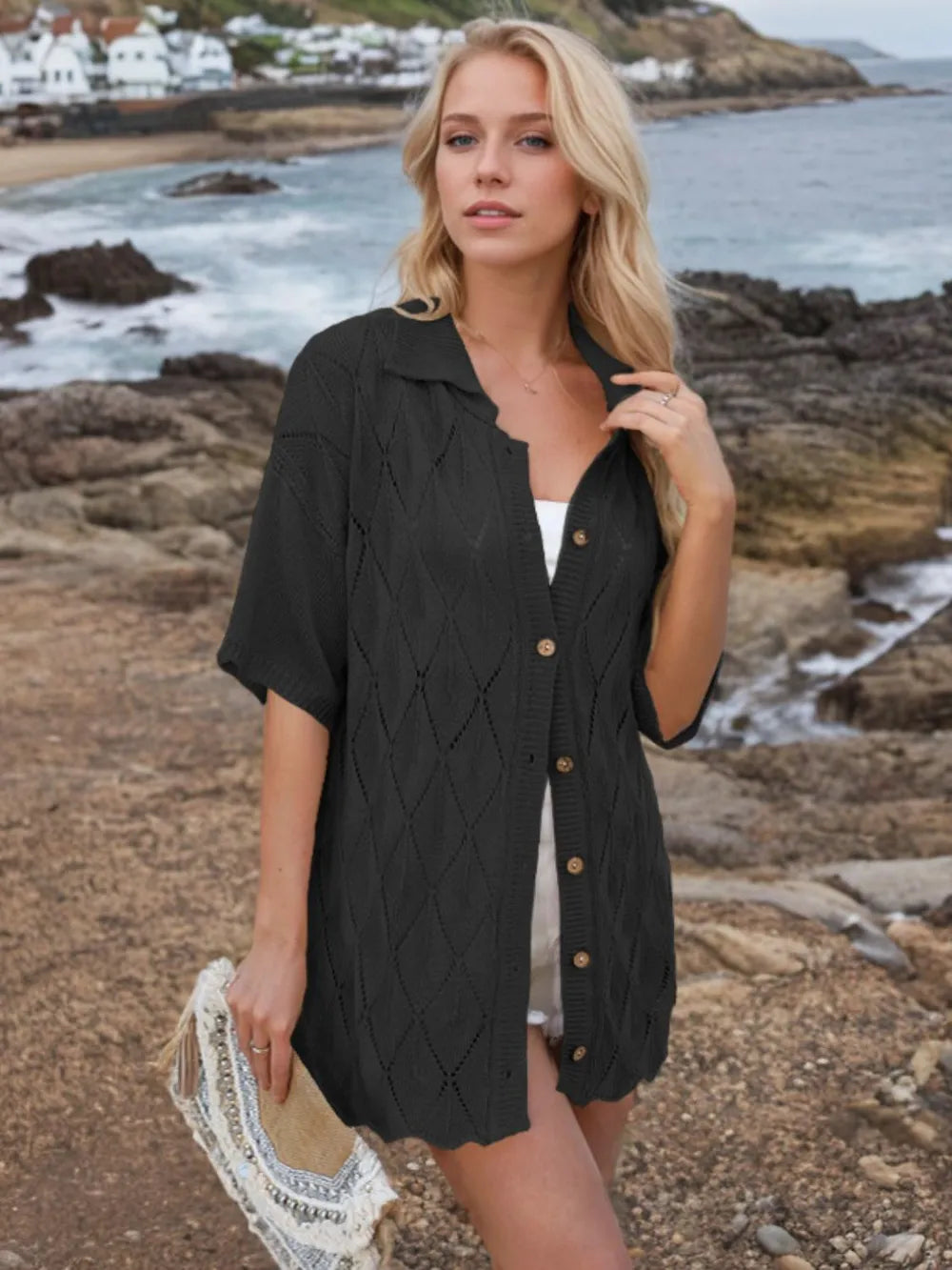 Button Down Eyelet Collared Neck Knit Shirt - Fashorio