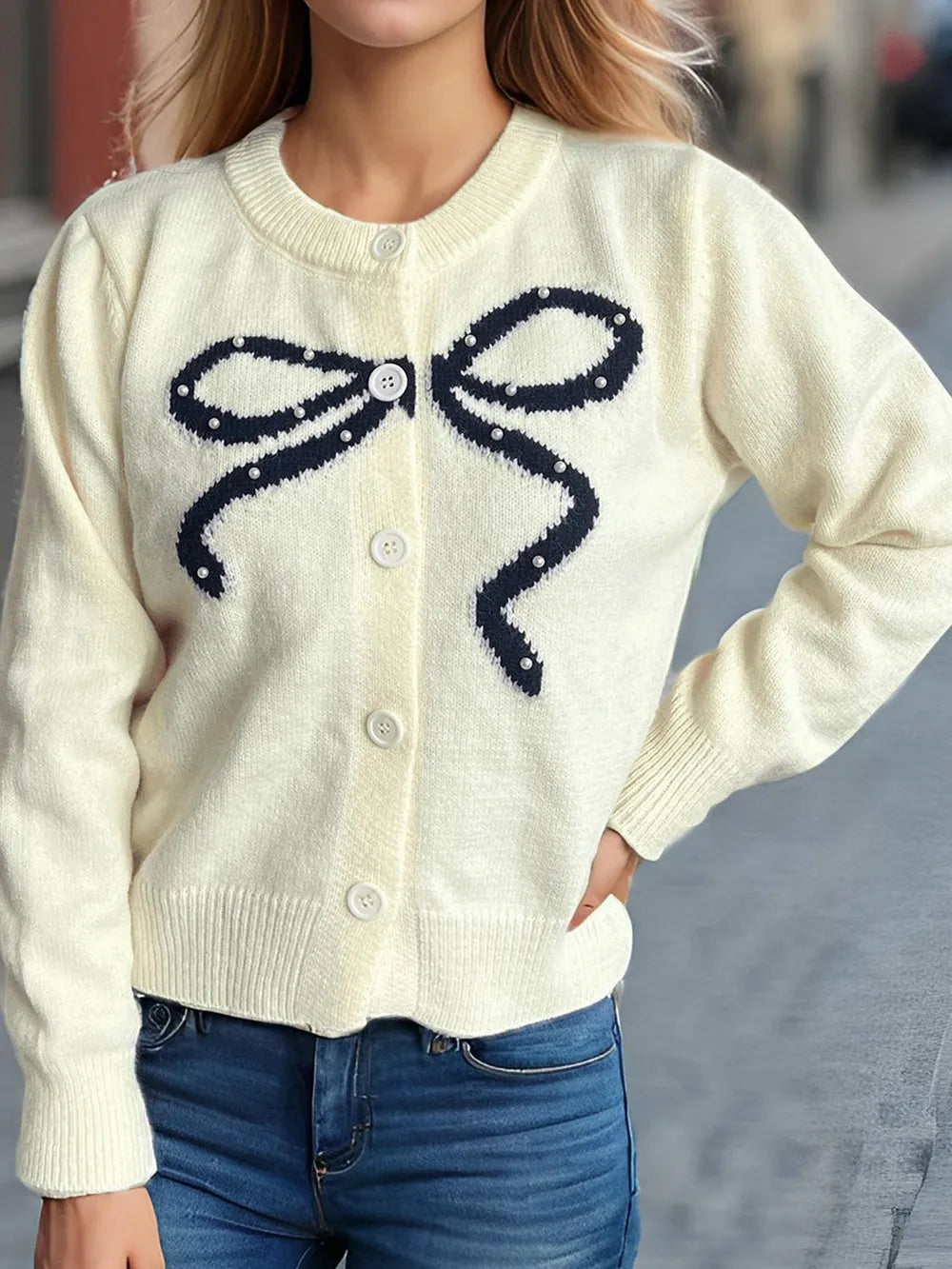 Bow Button Down Round Neck Cardigan - Fashorio