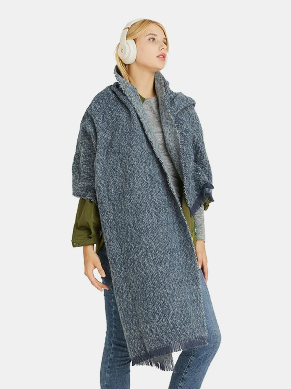 Raw Hem Heathered Polyester Scarf Navy One Size - Fashorio