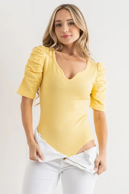 And The Why Shirring Puff Sleeve Bodysuit - Fashorio