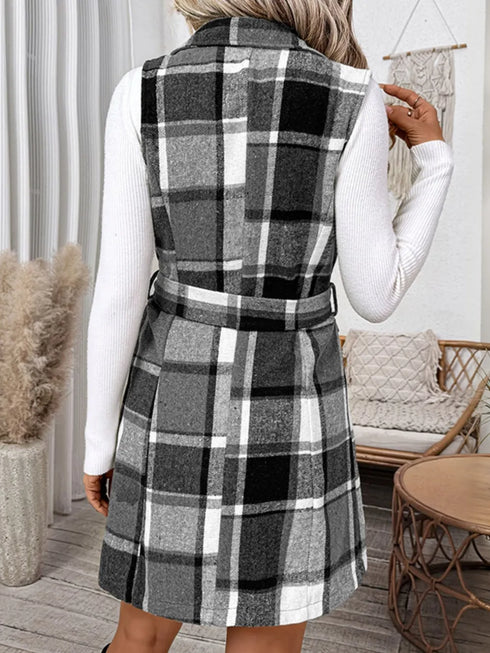 Perfee Tied Plaid Vest Coat - Fashorio