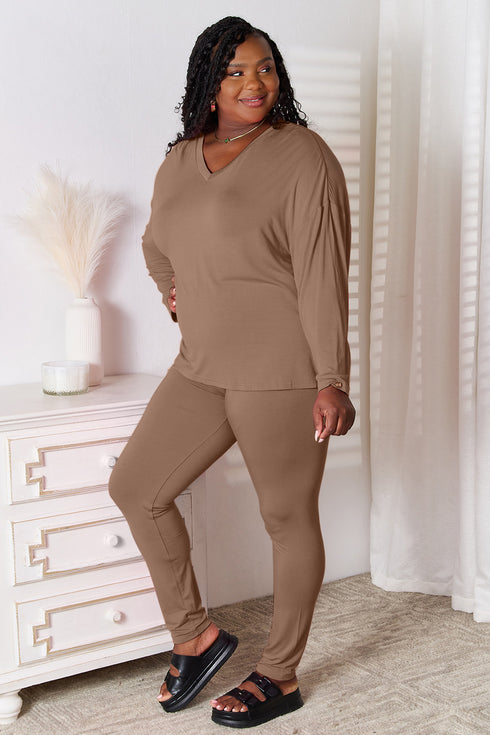 Basic Bae Full Size V-Neck Soft Rayon Long Sleeve Top and Pants Lounge Set - Fashorio