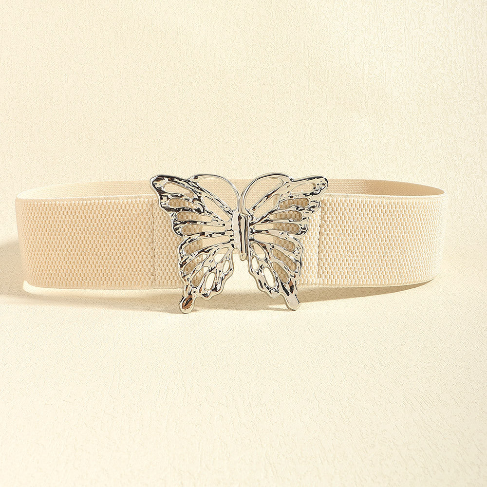Butterfly Alloy Buckle Elastic Belt Light Yellow One Size - Fashorio