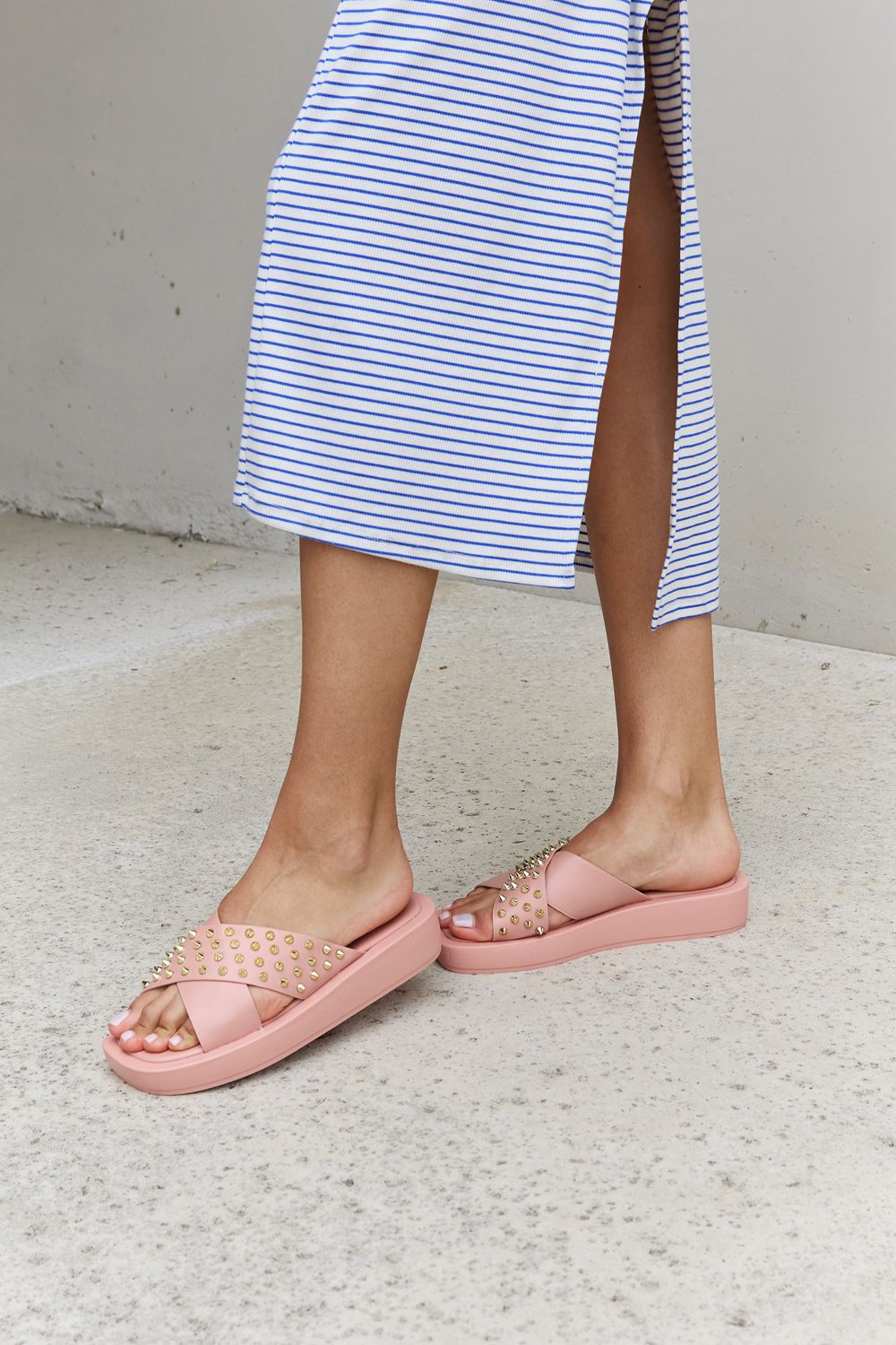 Forever Link Studded Cross Strap Sandals in Blush - Fashorio