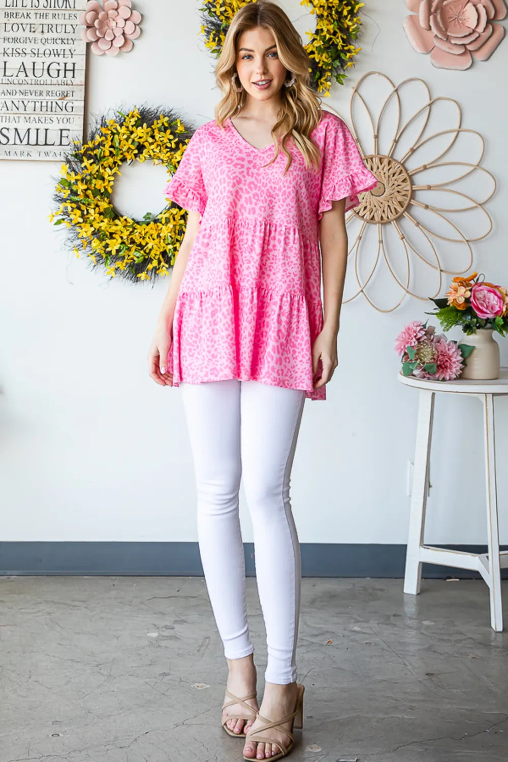 Heimish Full Size Leopard Ruffle Trim Short Sleeve Top - Fashorio