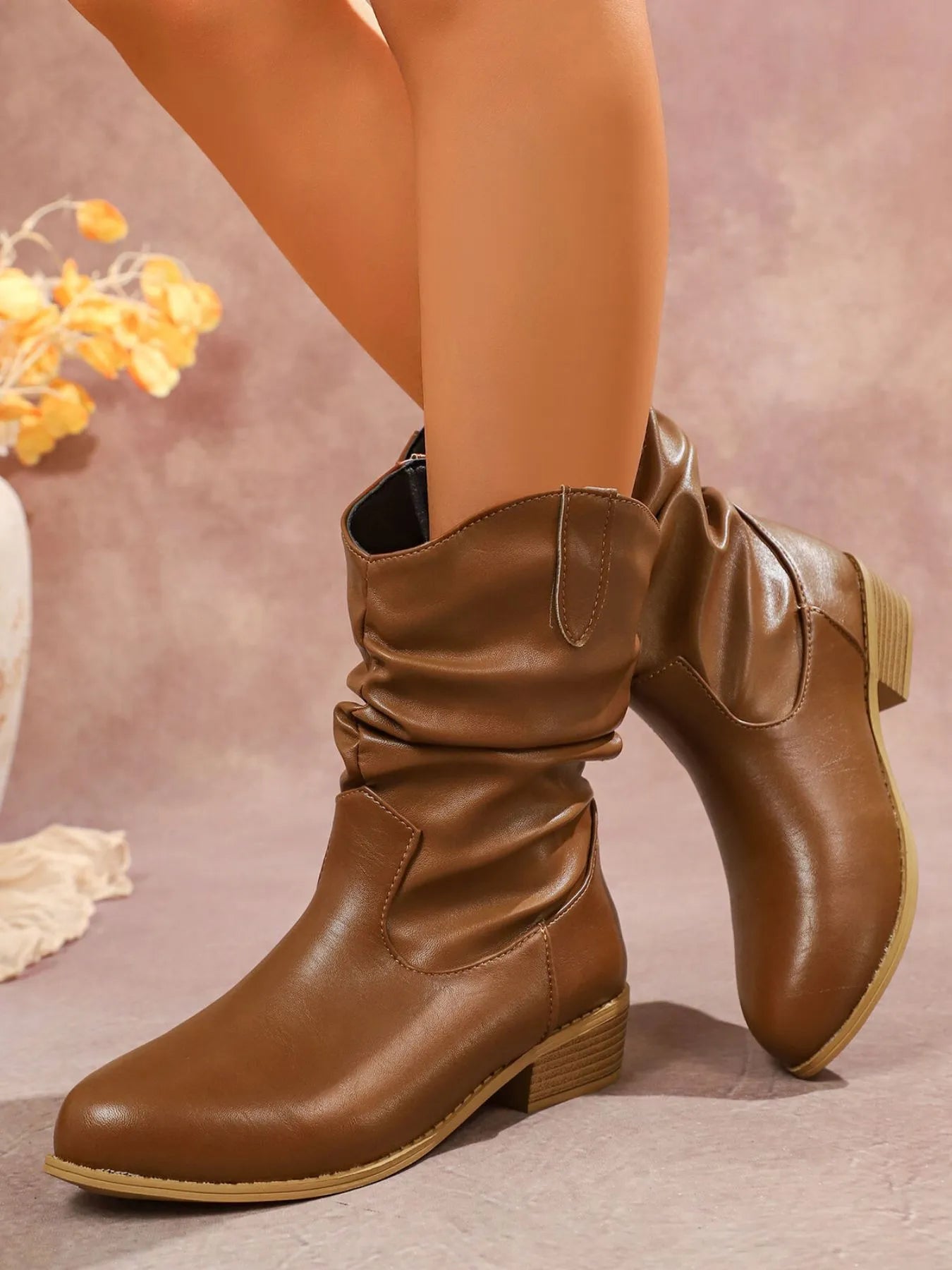 Mid-Calf Western Boots with Block Heels - Fashorio