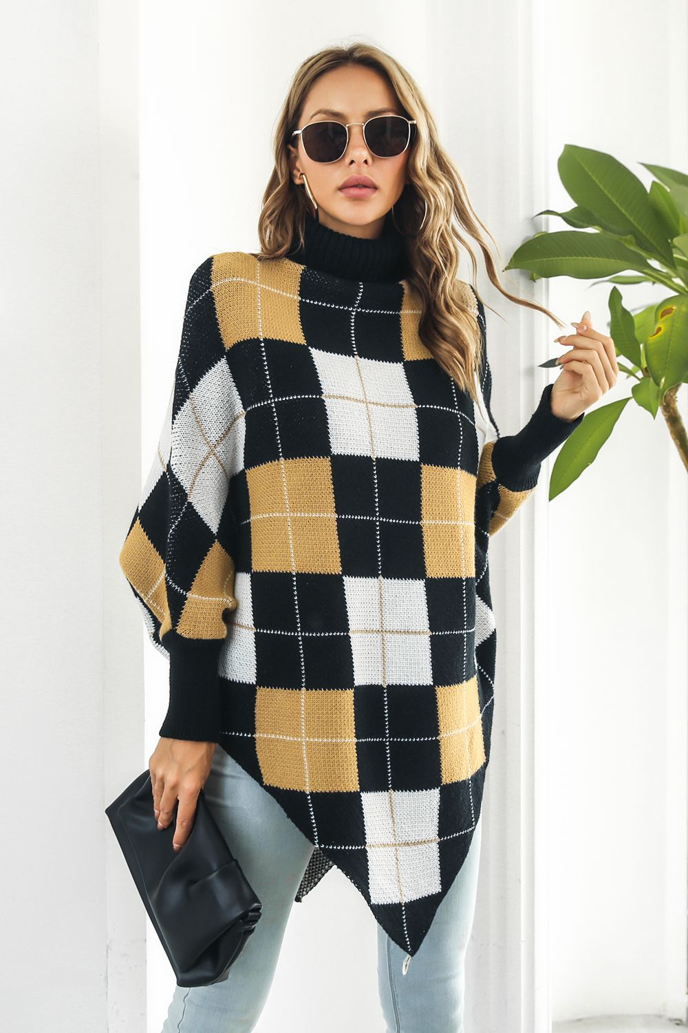 Plaid Turtleneck Dolman Sleeve Poncho - Fashorio