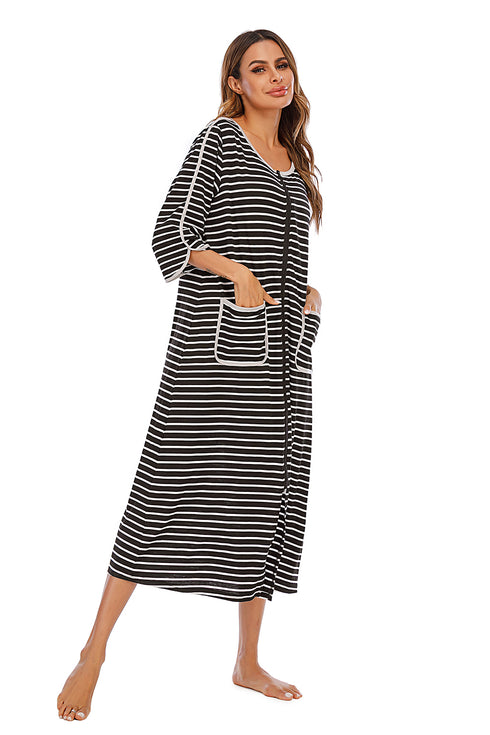 Round Neck Three-Quarter Sleeve Midi Night Dress - Fashorio