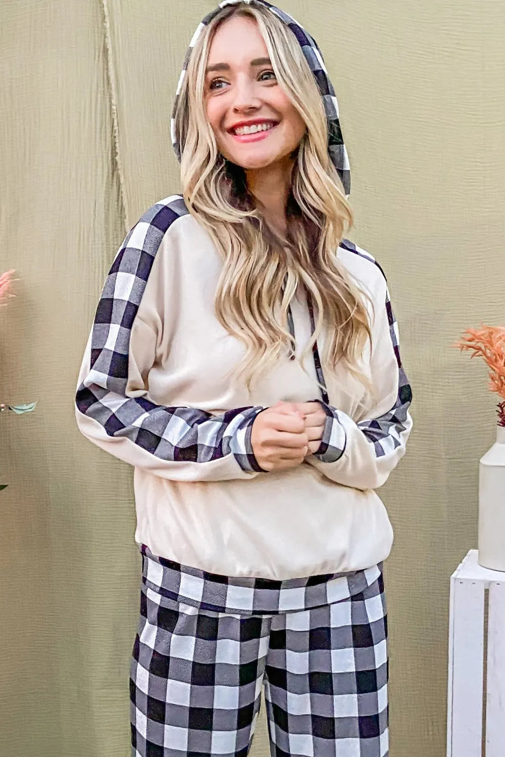 And The Why Drawstring Hooded Top and Plaid Pants Lounge Set - Fashorio
