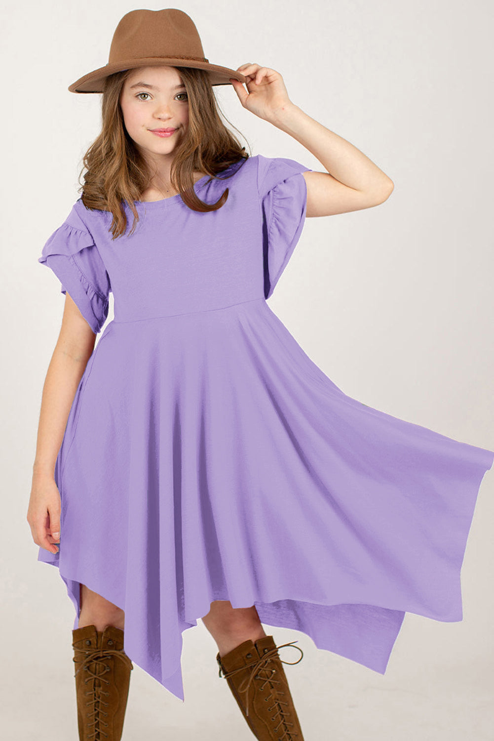 Round Neck Petal Sleeve Dress - Fashorio