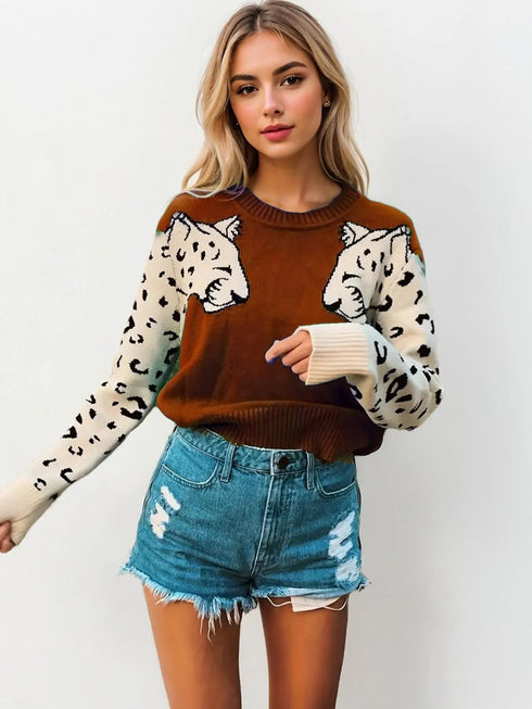 Leopard Round Neck Sweater - Fashorio