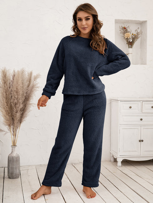 Ivy Lane Teddy Long Sleeve Top and Pants Lounge Set Dark Blue - Fashorio