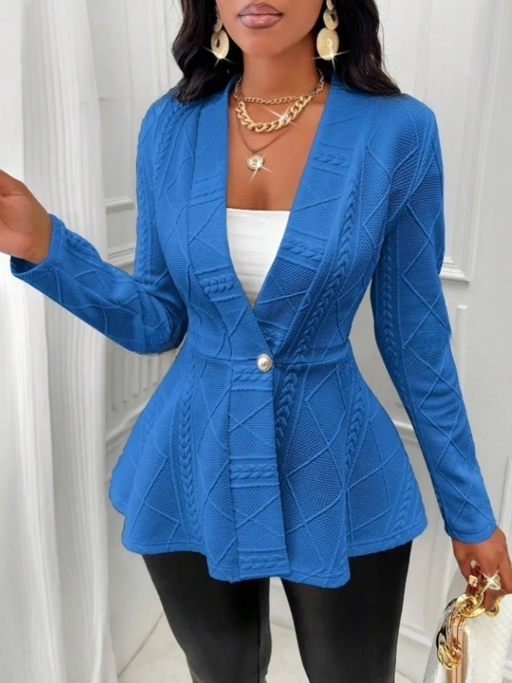One Button Textured Peplum Cardigan - Fashorio