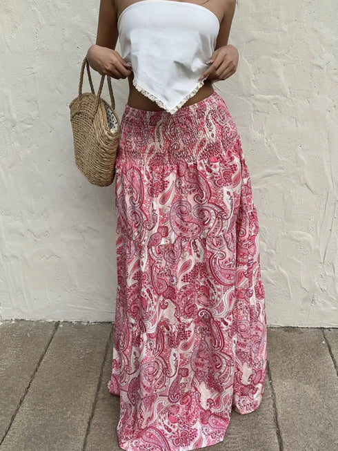 Smocked Printed Maxi Skirt Dusty Pink - Fashorio