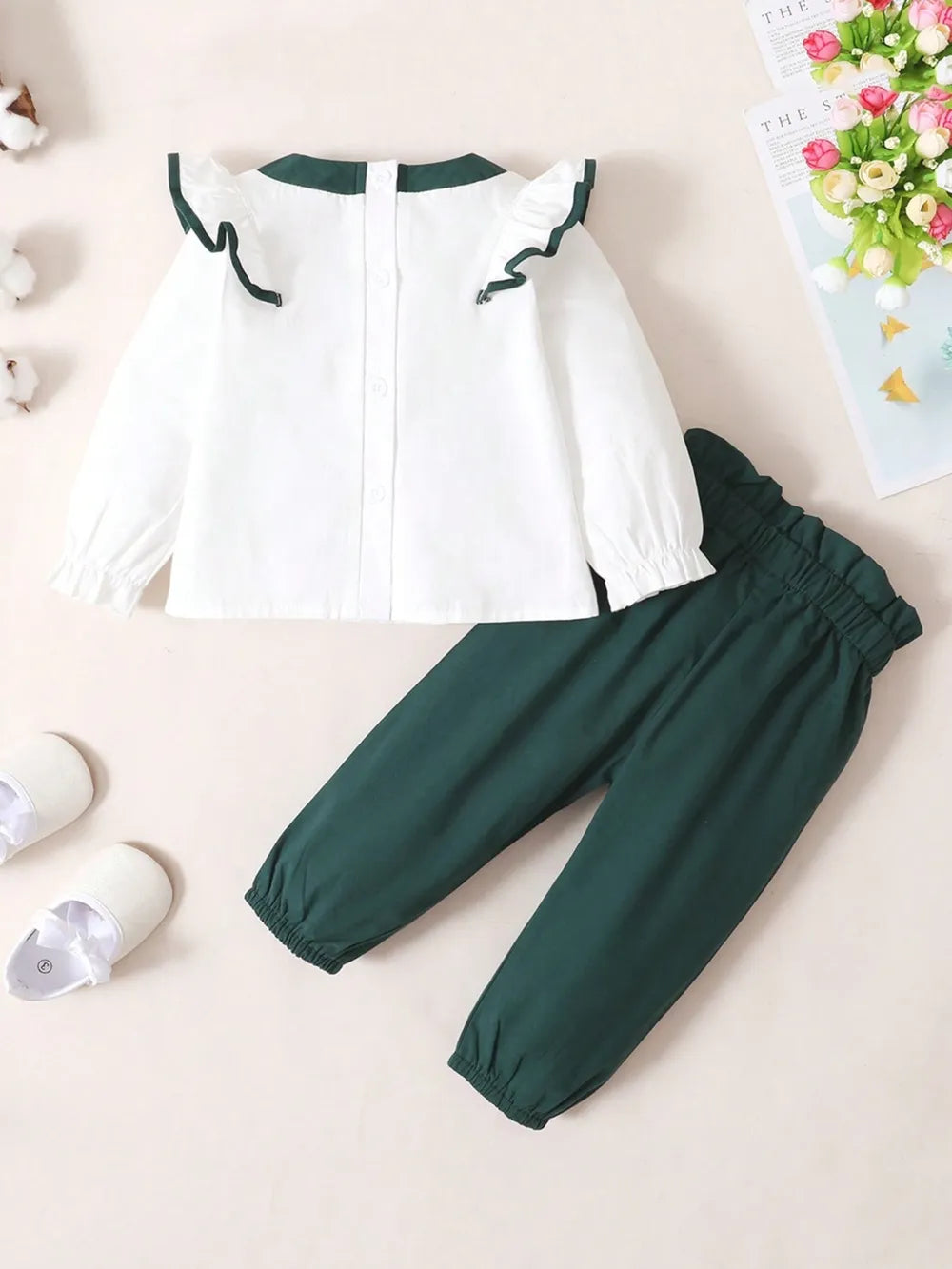 Children's Contrast Ruffled Top and Pants Set - Fashorio