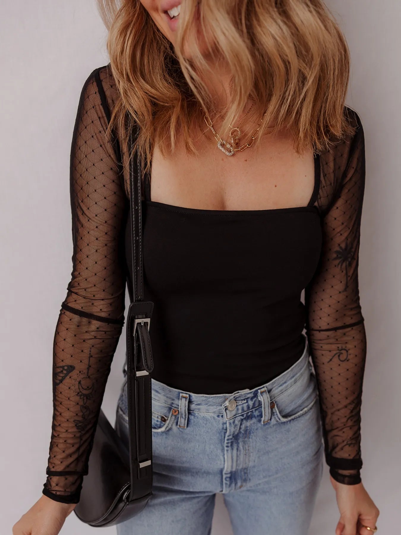 Mesh Sleeve Square Neck Bodysuit - Fashorio