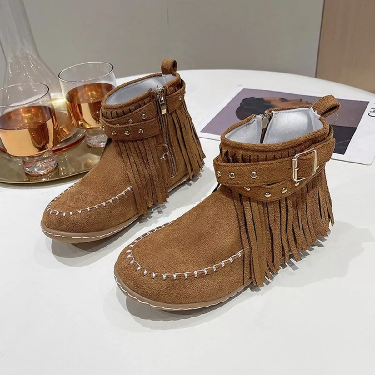 Fringe Round Toe Boots - Fashorio