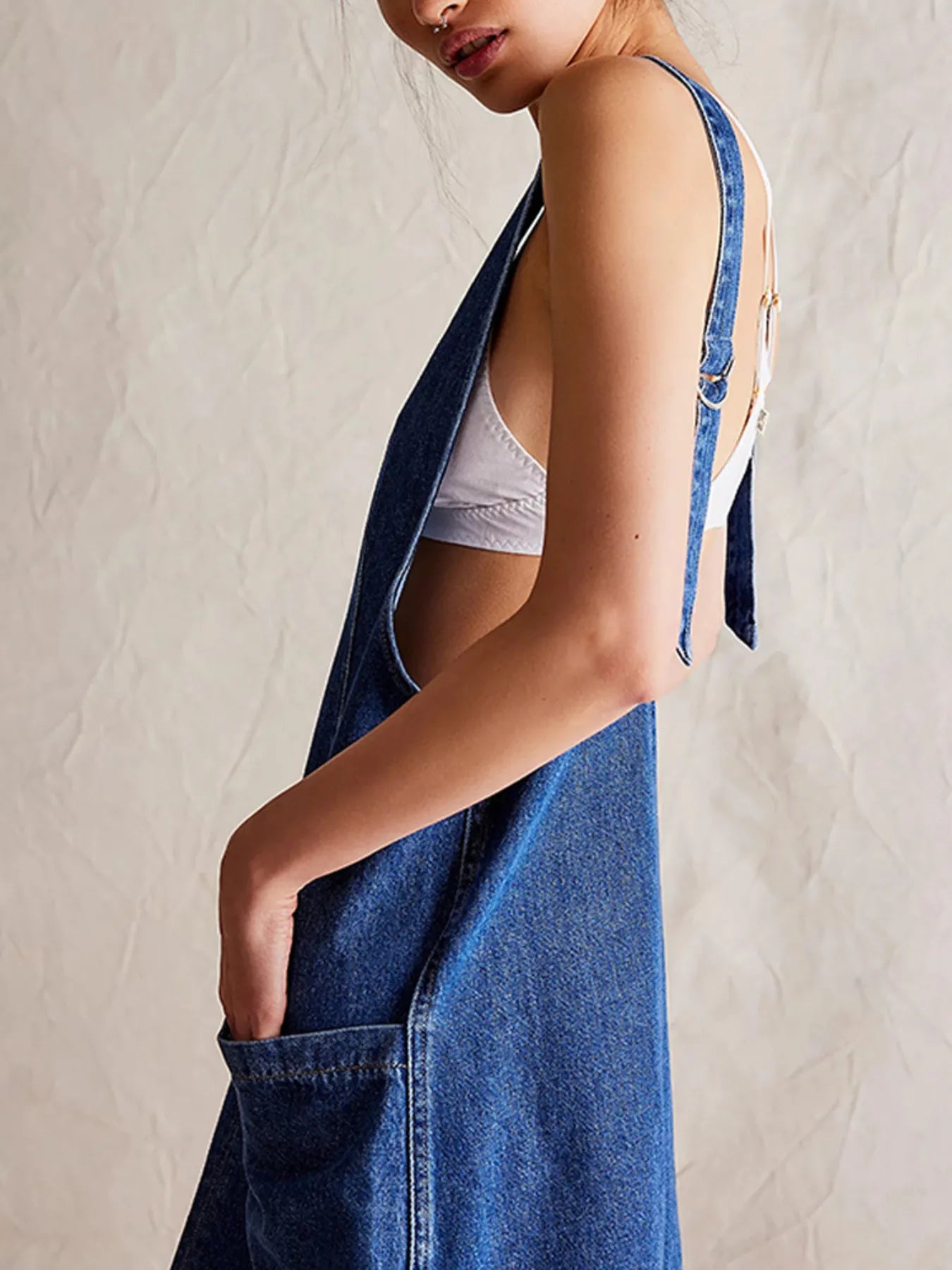 Oversized V-Neck Denim Tank Dress with Front Pockets - Fashorio