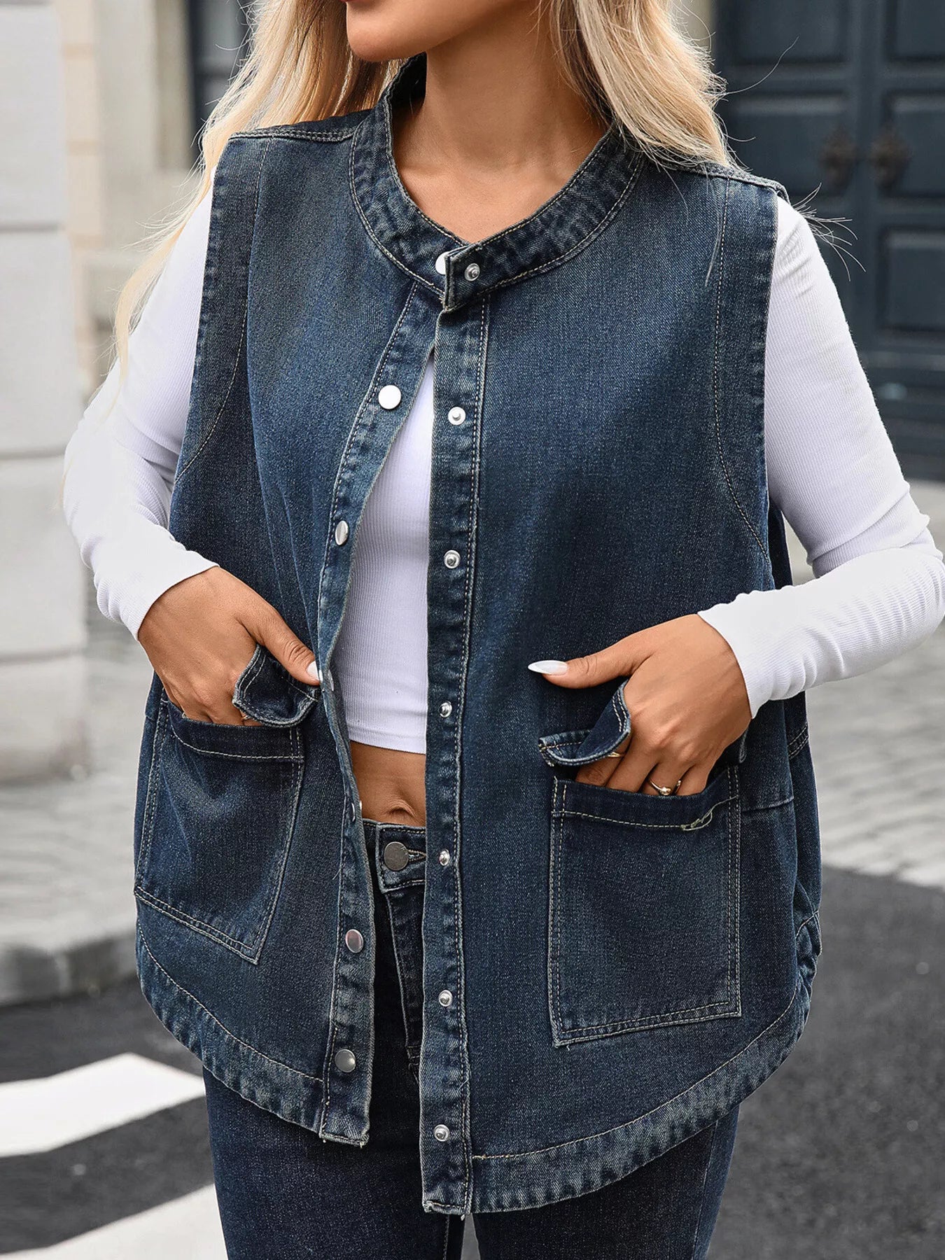Snap Down Sleeveless Denim Jacket with Pockets - Fashorio