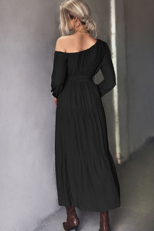 Belted One-Shoulder Tiered Maxi Dress - Fashorio