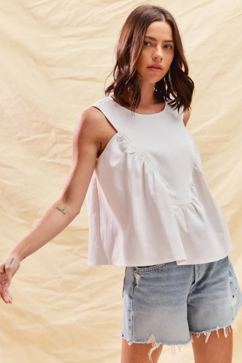 SO ME Game Day Color Denim Ruched Sleeveless Top - Fashorio