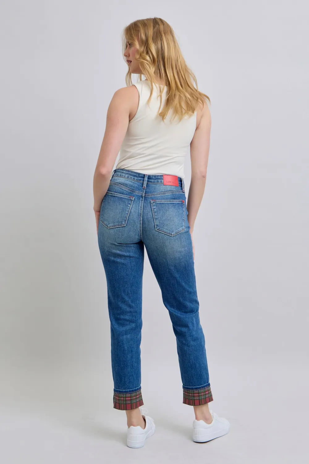 Judy Blue Full Size Plaid Print Cuff Straight Leg Jeans with Pockets - Fashorio