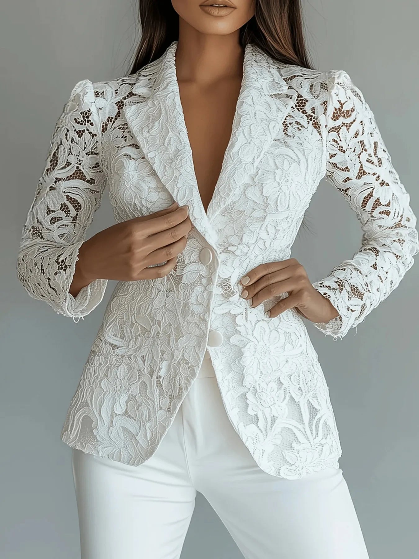 Floral Pattern Lace Single-Breasted Blazer White - Fashorio
