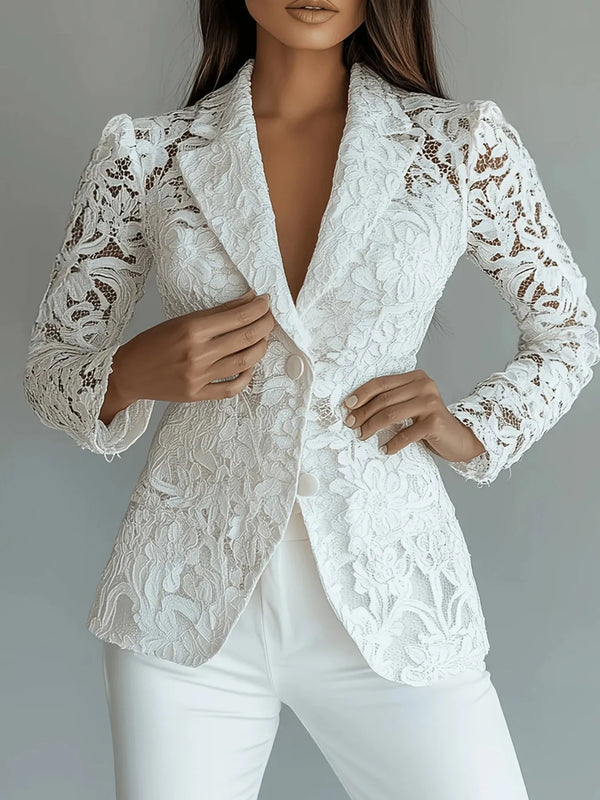 Floral Pattern Lace Single-Breasted Blazer White - Fashorio