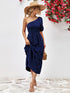 Smocked One-Shoulder Midi Dress Dark Blue - Fashorio