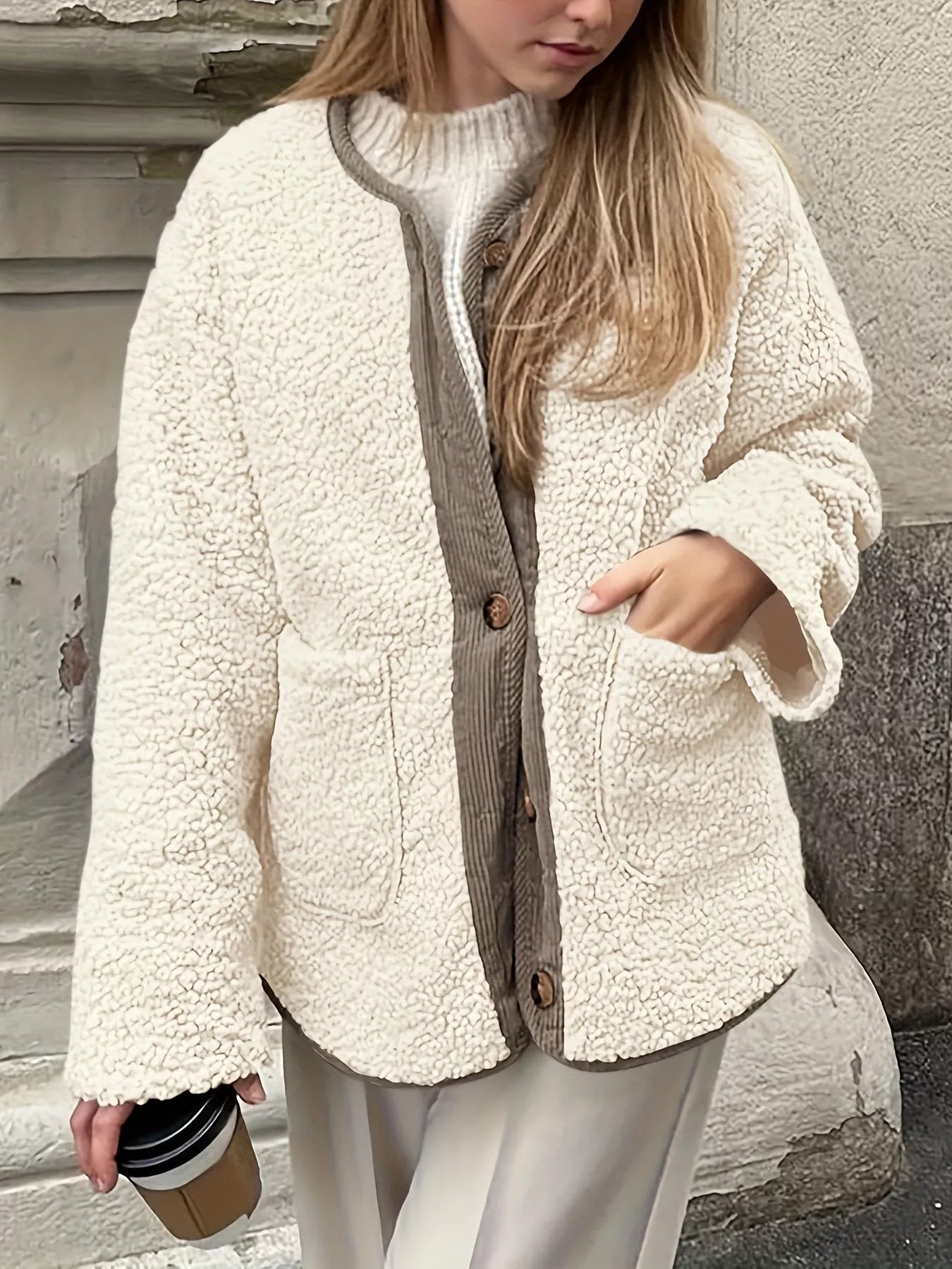 Sherpa Button-Up Outerwear White - Fashorio